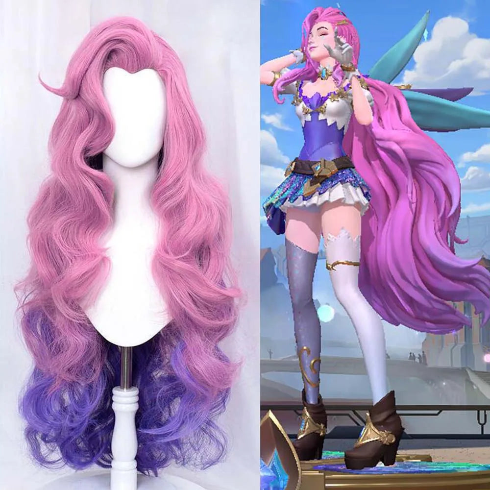 Seraphine Cosplay Wig LoL KDA Cosplays Curly Pink Purple Wigs Heat Resistant Synthetic Hair