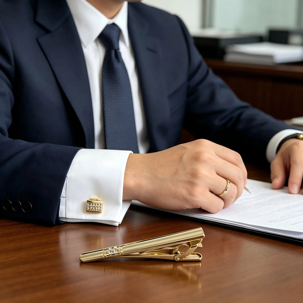 Cufflinks and Tie Clip Set for Men – Gold/Silver Rectangular Cuff Links with 2.36" Tie Bar, Ideal for Wedding, Father's Day