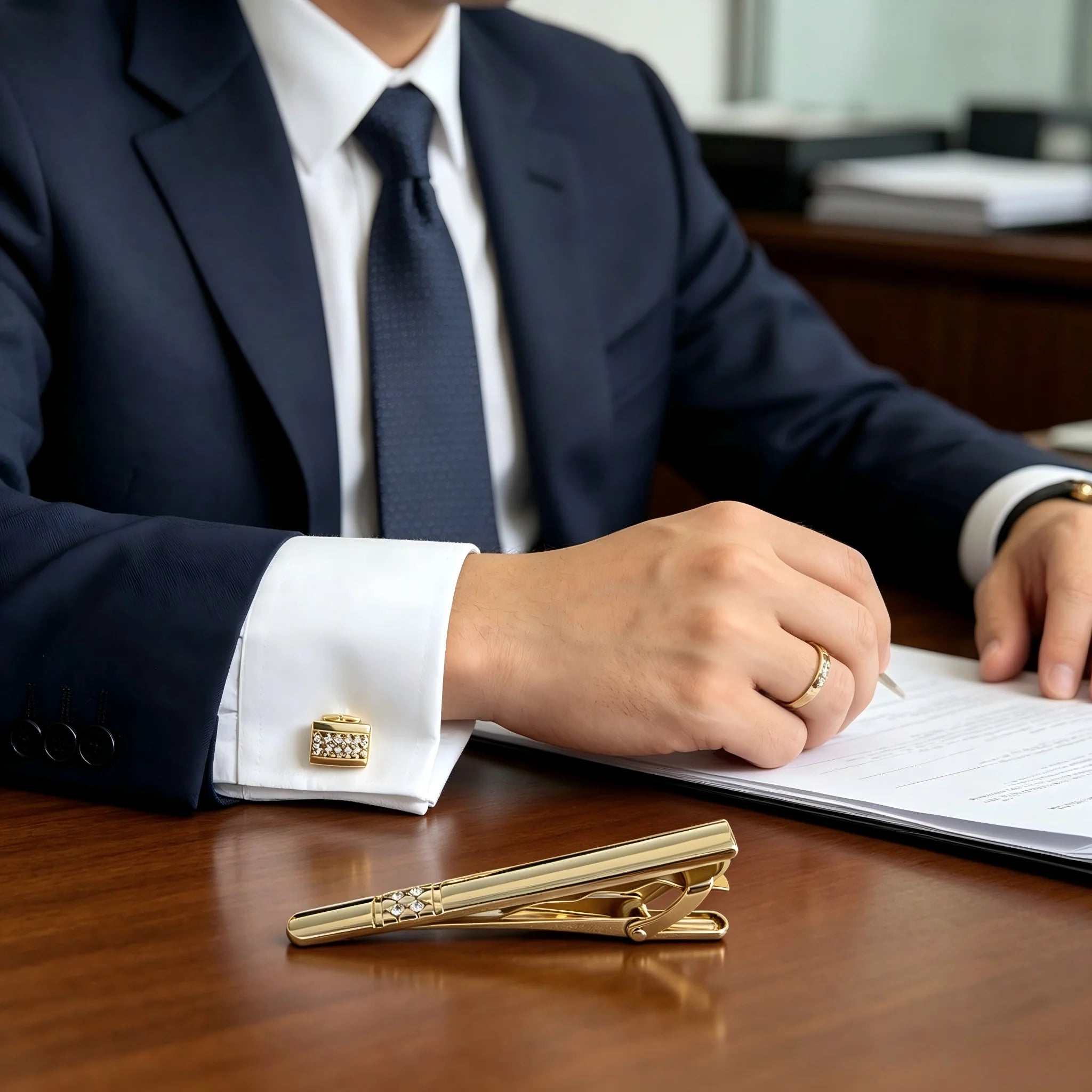 Cufflinks and Tie Clip Set for Men – Gold/Silver Rectangular Cuff Links with 2.36" Tie Bar, Ideal for Wedding, Father's Day