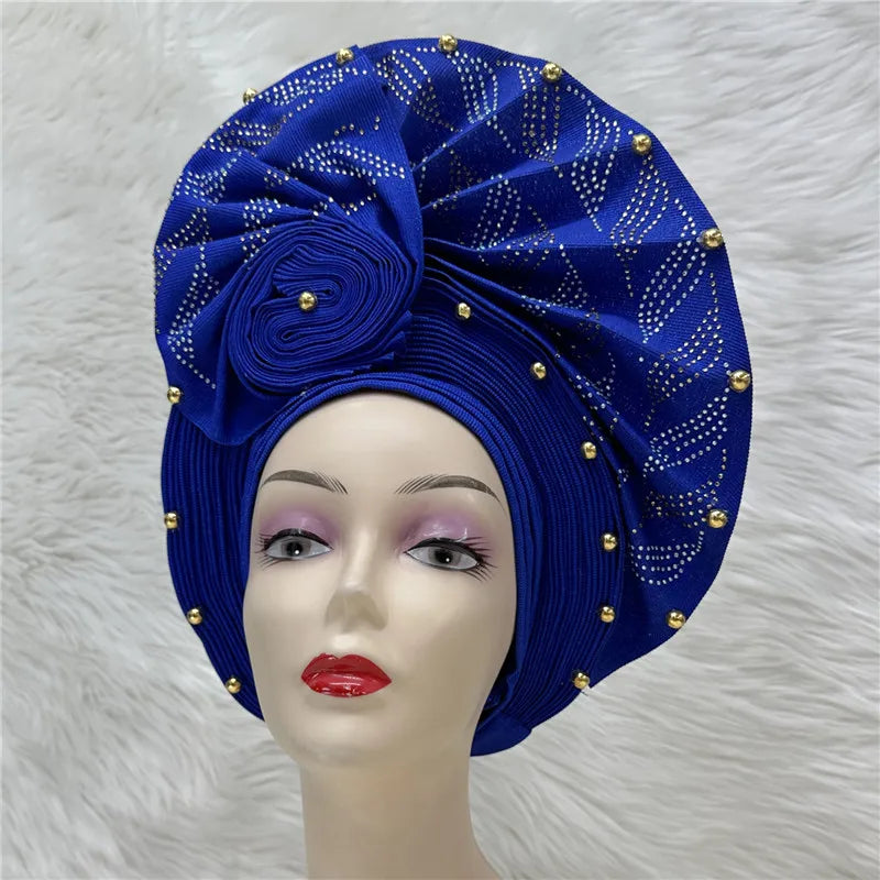High Quality African Nigeria Gele Elegant Helmet With Stones Headband Turban Head Scarf Head-Hat Auto Gele Brand New Hats 7L1181