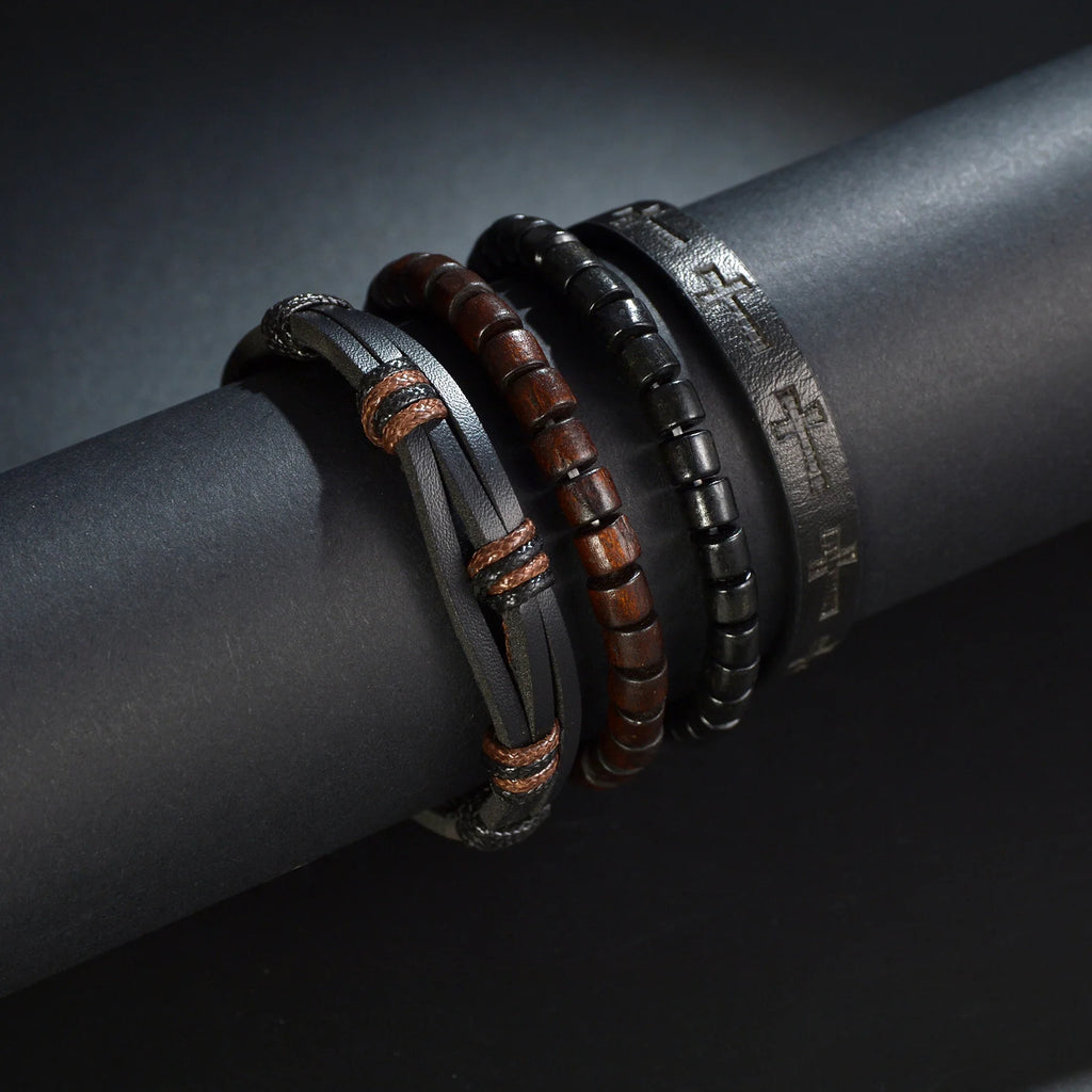 MeMolissa 3/4Pcs/ Set Braided Wrap Leather Bracelet for Men Vintage Life Tree Guitar Wood Beads Fashion Male Bracelets Wristband
