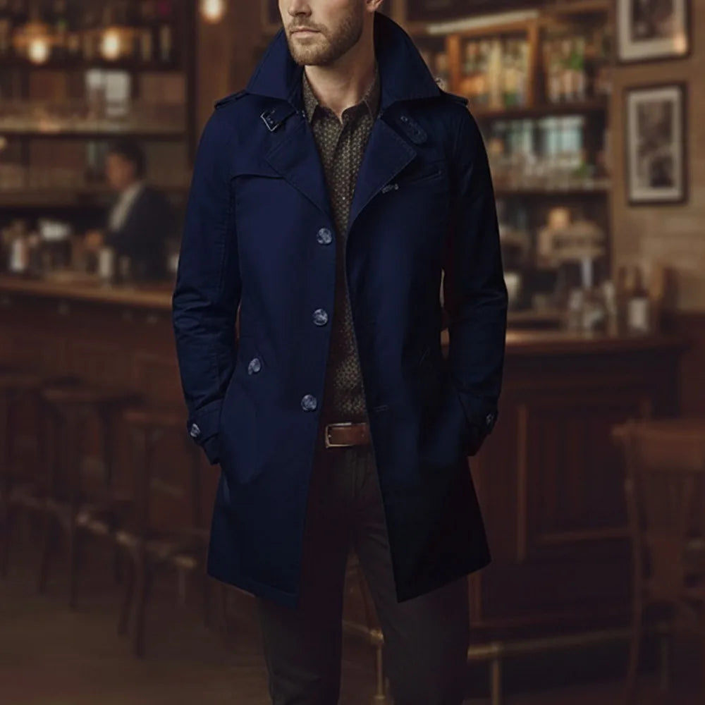 Men's Slim Notched Collar Single Breasted Cotton Jacket Office Casual Business Trench Coat