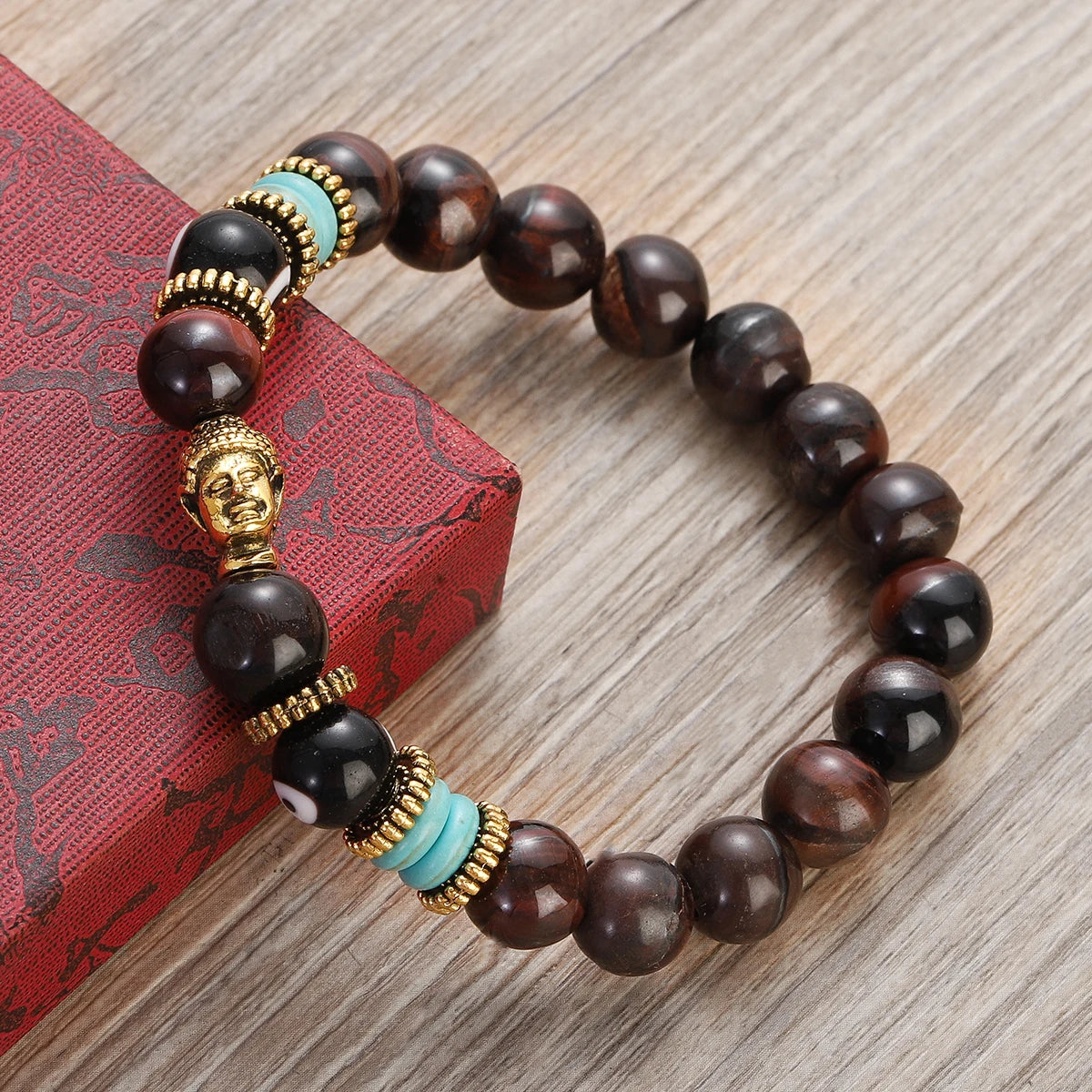 Classic Buddha&Evil Eye Bracelet Women Men 10mm Round Turquoises Blue Stone Bangles Handmade Elastic Yoga Bracelet