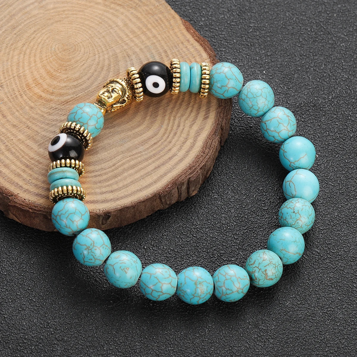 Classic Buddha&Evil Eye Bracelet Women Men 10mm Round Turquoises Blue Stone Bangles Handmade Elastic Yoga Bracelet