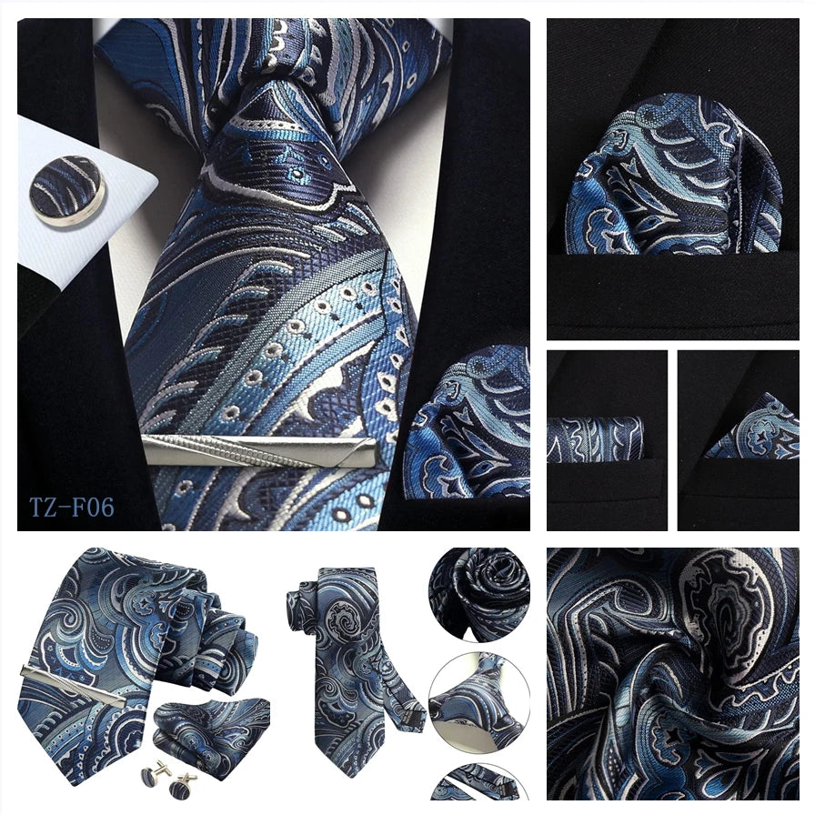 Mens Tie Set Silk Silver Paisley Floral Necktie and Pocket Square Cufflinks Tie Clip Classic Formal Ties for Men Wedding Party