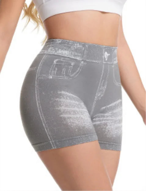 Jeans-like seamless yoga shorts with a V-shaped back, designed to enhance the posterior and provide quick-drying, form-fitting r