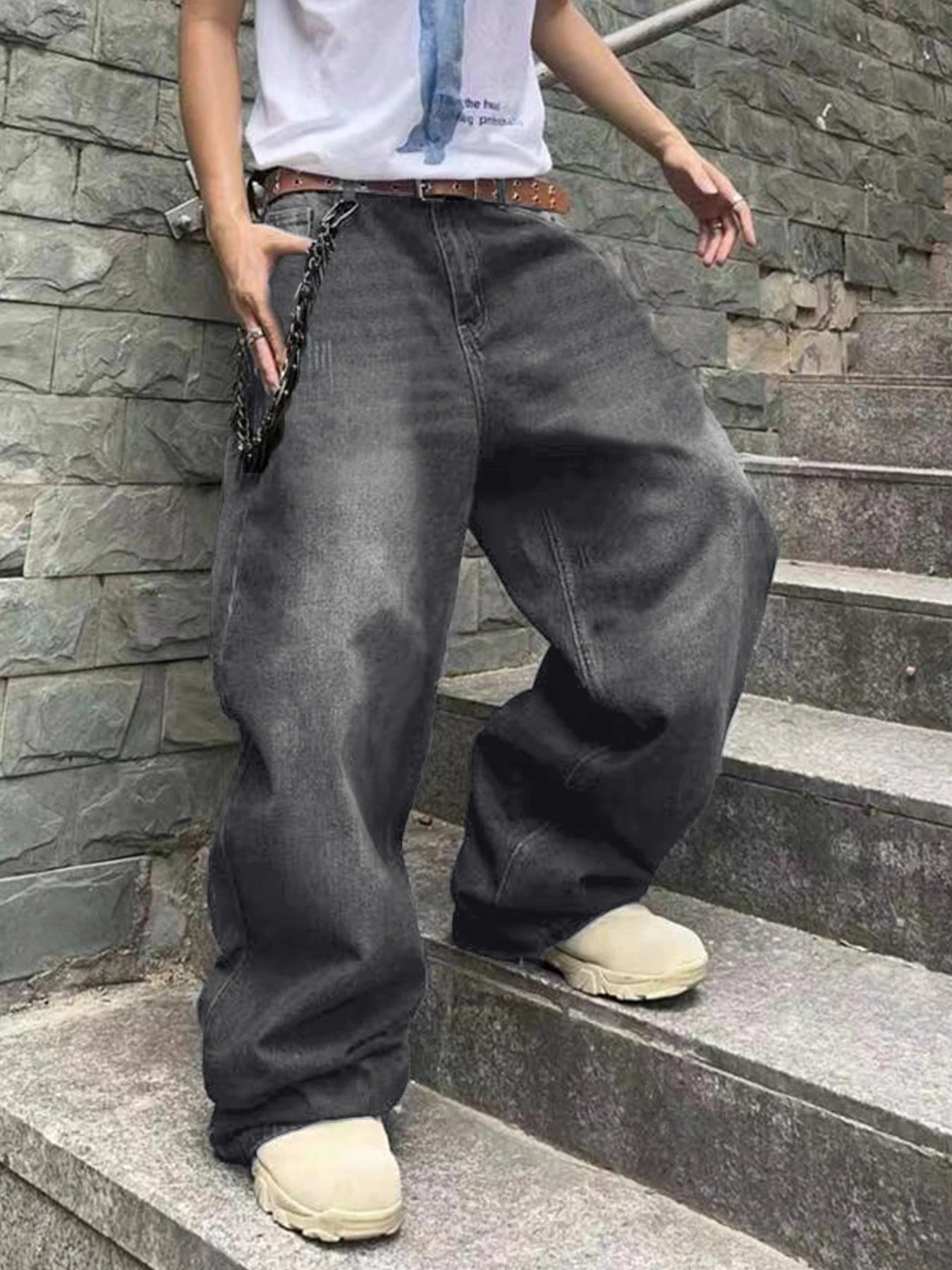 Fashion Men's Vintage Jeans Straight Streetwear Personality Hip Hop Trousers Male Youth Loose Wide Legs Denim Pants