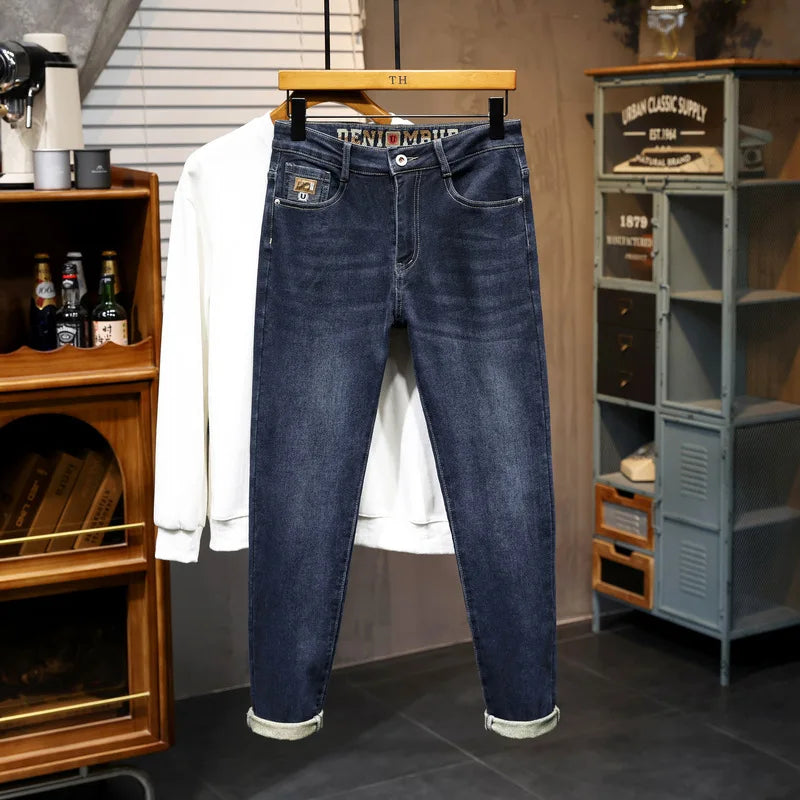 On The New Embroidered Jeans Men's Light Luxury Trend Senior Sense of All Straight Tube Lace-up Adult Gentleman Comfortable