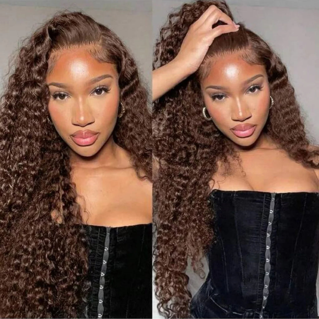 34Inch Chocolate Brown Kinky Curly 13x4 Human Hair Wig Jerry Curly 13x4 Transprent Lace Front Human Hair Wig PrePlucked Lace Wig