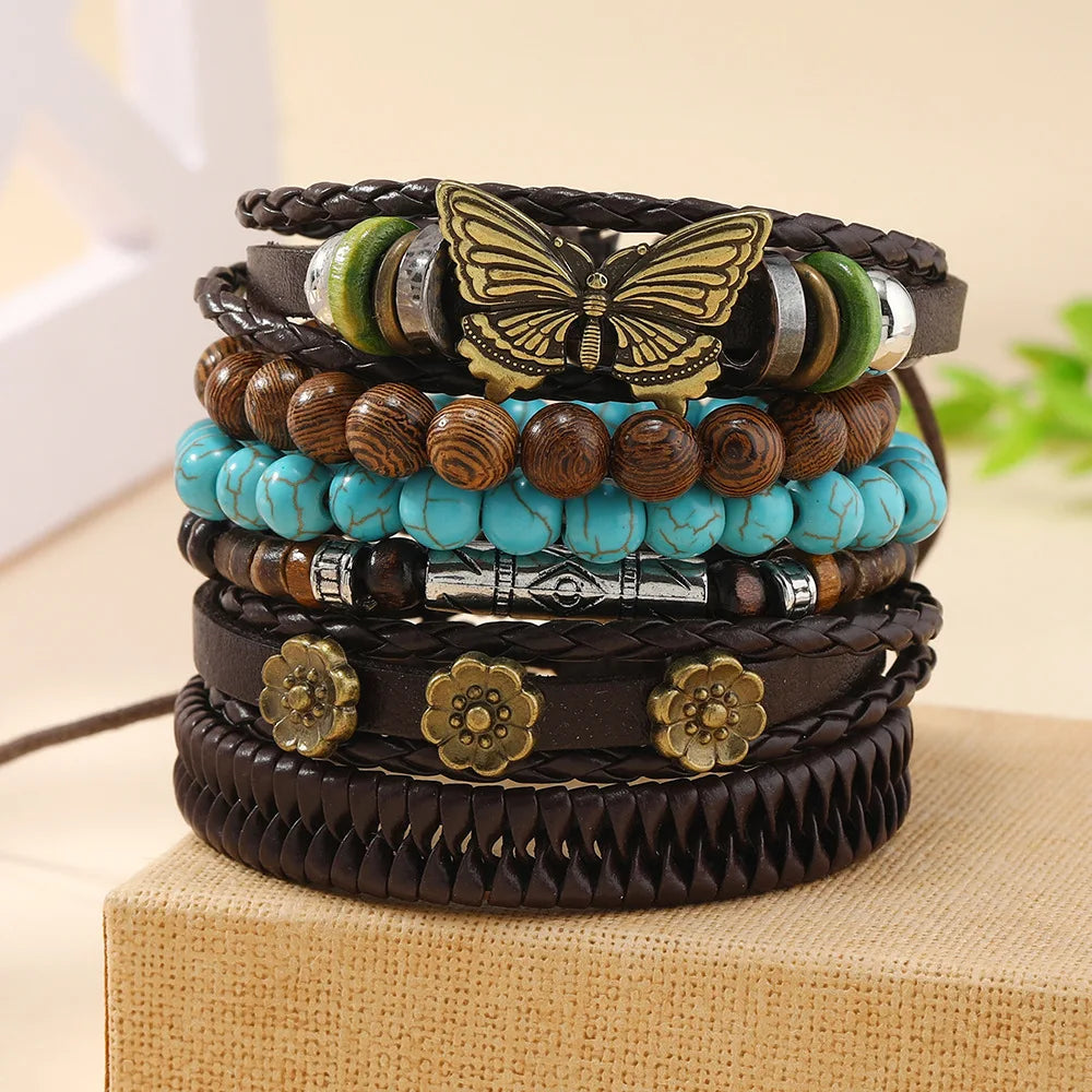 Vintage Feather Casual 6 Pc/set Tree Handmade Men Bracelets Male Women Leather Bracelets Men Bangle Wholesale Jewelry Gift