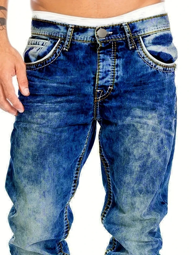 European American Jeans Men's Autumn New Slim Elastic Trousers Fashionable Vintage Wash Denim Pants Male Streetwear