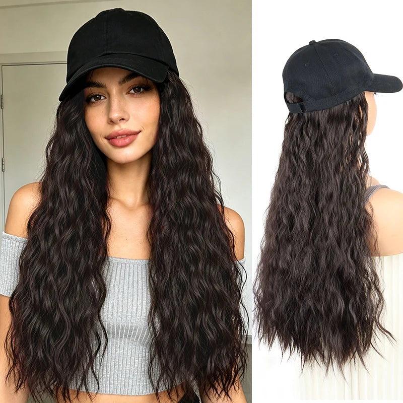 Hat Wig for Women, Integrated Design Baseball Cap Wig, Synthetic Long Curly Wavy Hair Extensions, Adjustable Black Baseball Cap