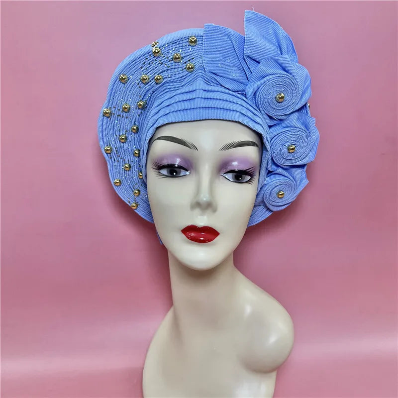 High Quality African Nigeria Gele Elegant Helmet With Stones Headband Turban Head Scarf Head-Hat Auto Gele Brand New Hats 7L5191