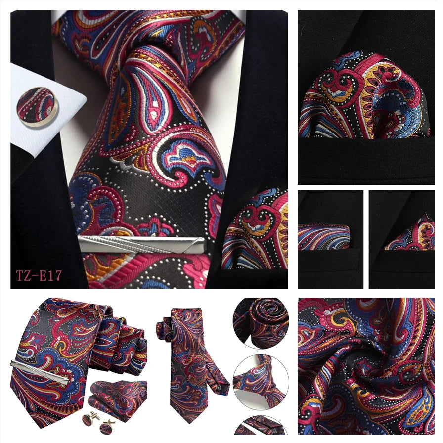 Mens Tie Set Silk Silver Paisley Floral Necktie and Pocket Square Cufflinks Tie Clip Classic Formal Ties for Men Wedding Party
