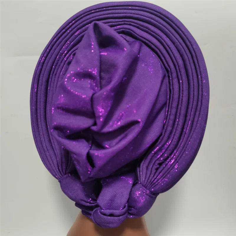 Nigerian Blue Gele Headtie  Auto Gele Turban Headwarp Already Made Headtie African Turban Cap for Party XM207-1