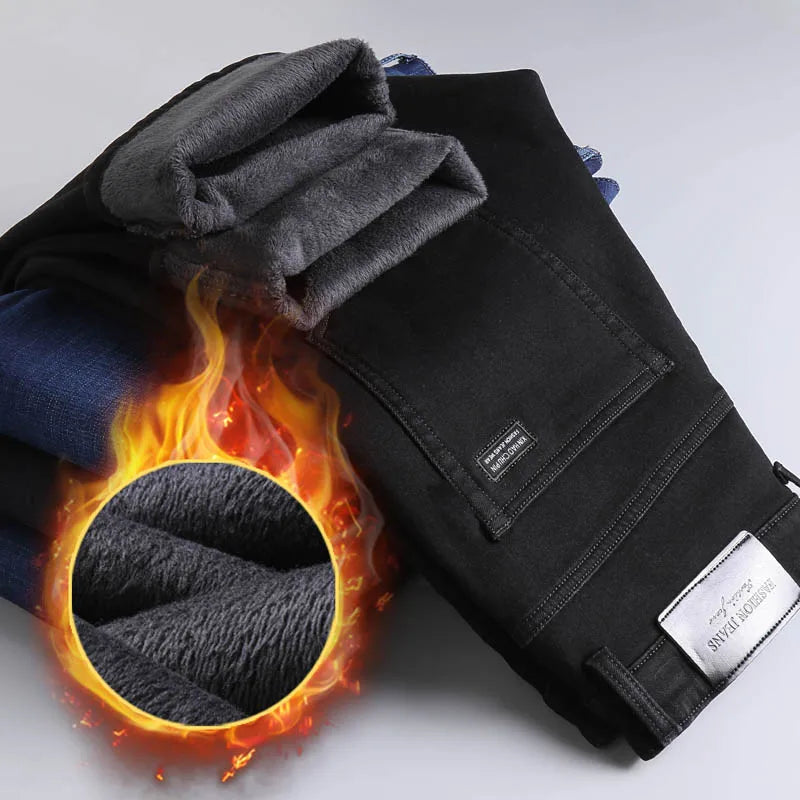 Winter Warm Jeans Men's Slim Straight Elastic Denim Pants Casual Male Clothing Fashion Plush Trousers New Hot Sale Fashion Jeans