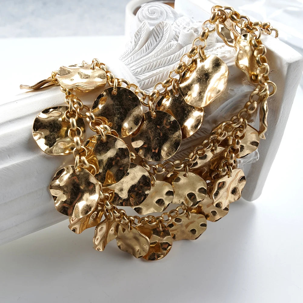 Elegant Multi Layer Hammered Disc Bib Necklace Gold Tone Statement Accessory for Women's Special Occasion Styling