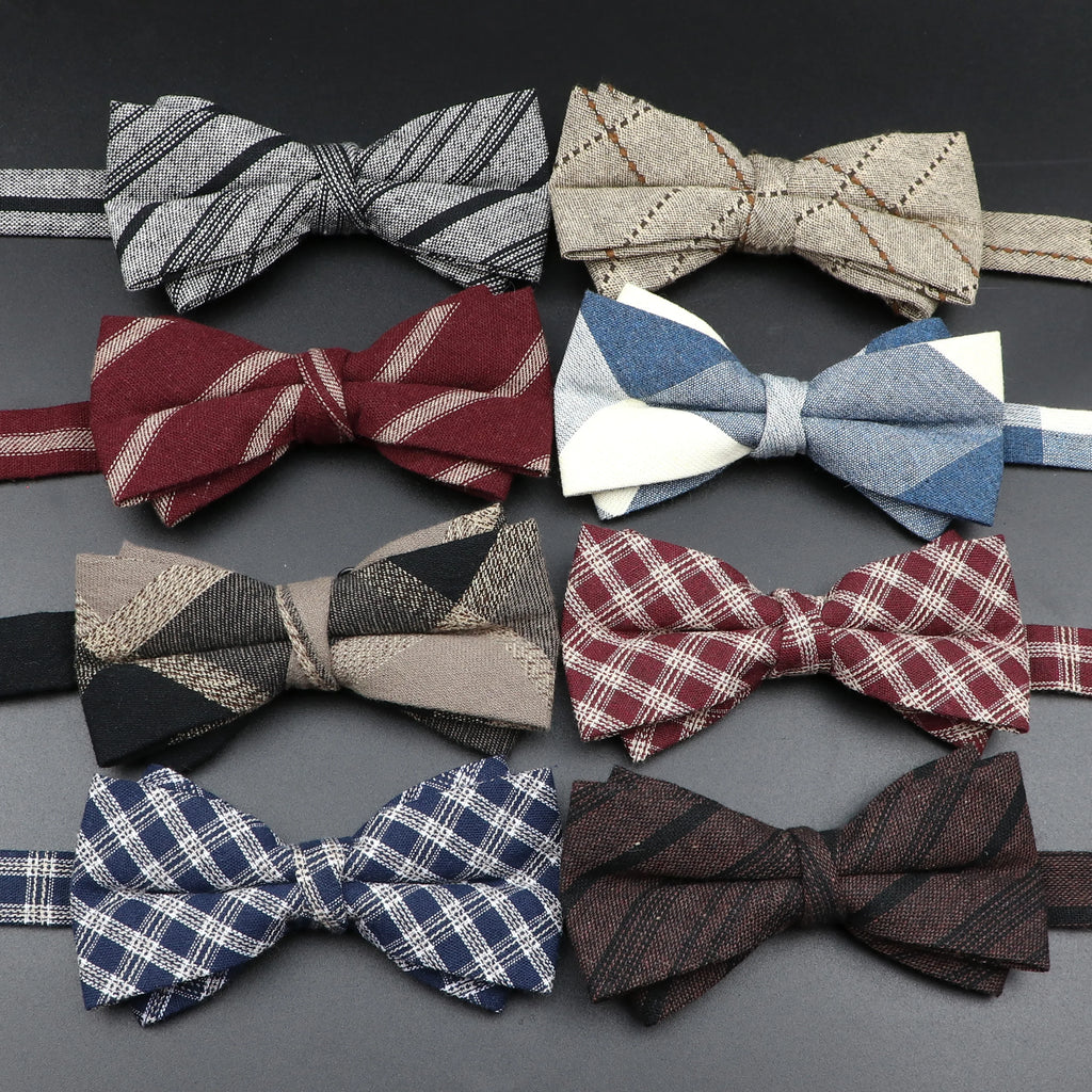 Cotton Double Layer Bowtie For Men Casual Bow Tie Adult Bow Ties Cravats Male Plaid Bow knot For Party Wedding Striped Butterfly