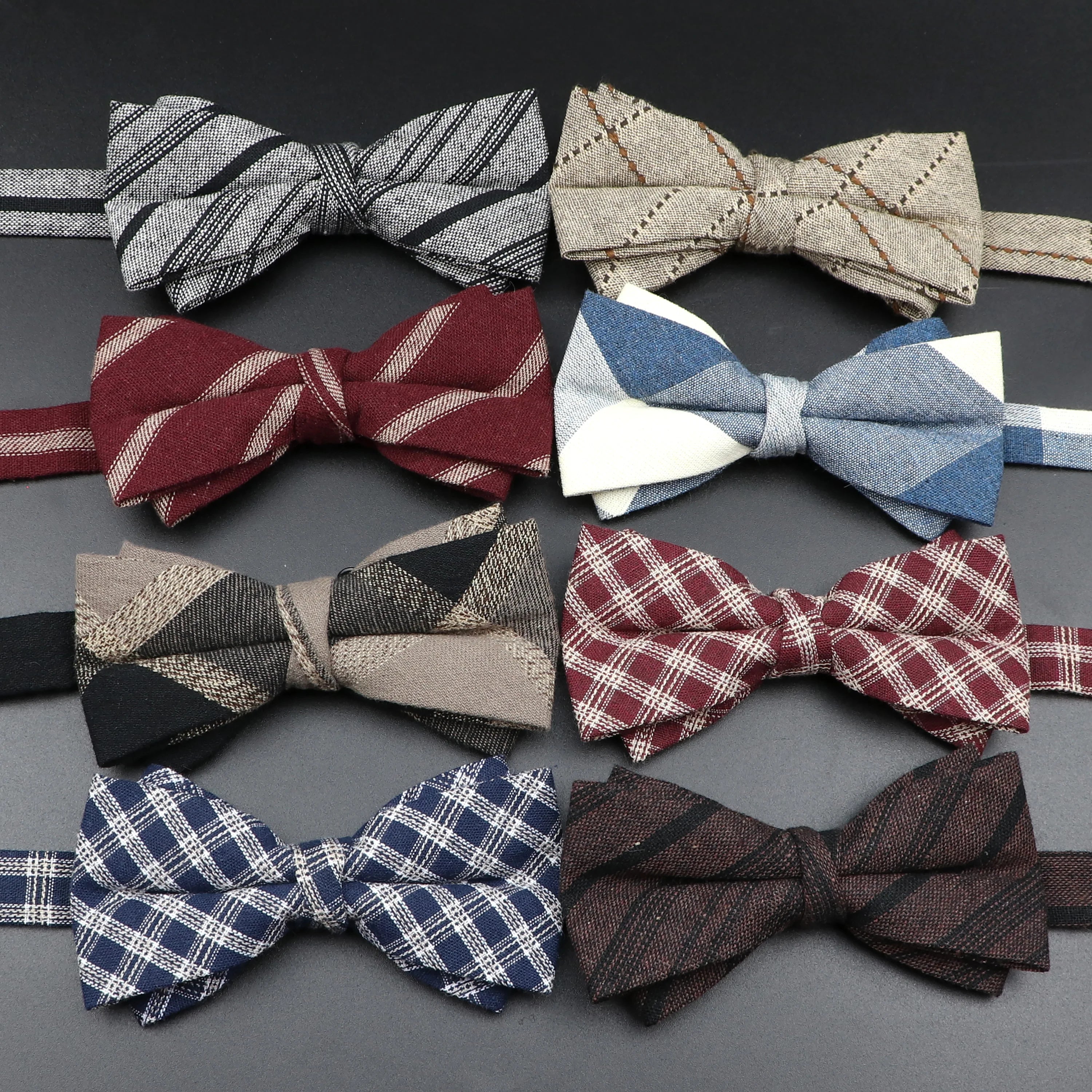 Cotton Double Layer Bowtie For Men Casual Bow Tie Adult Bow Ties Cravats Male Plaid Bow knot For Party Wedding Striped Butterfly