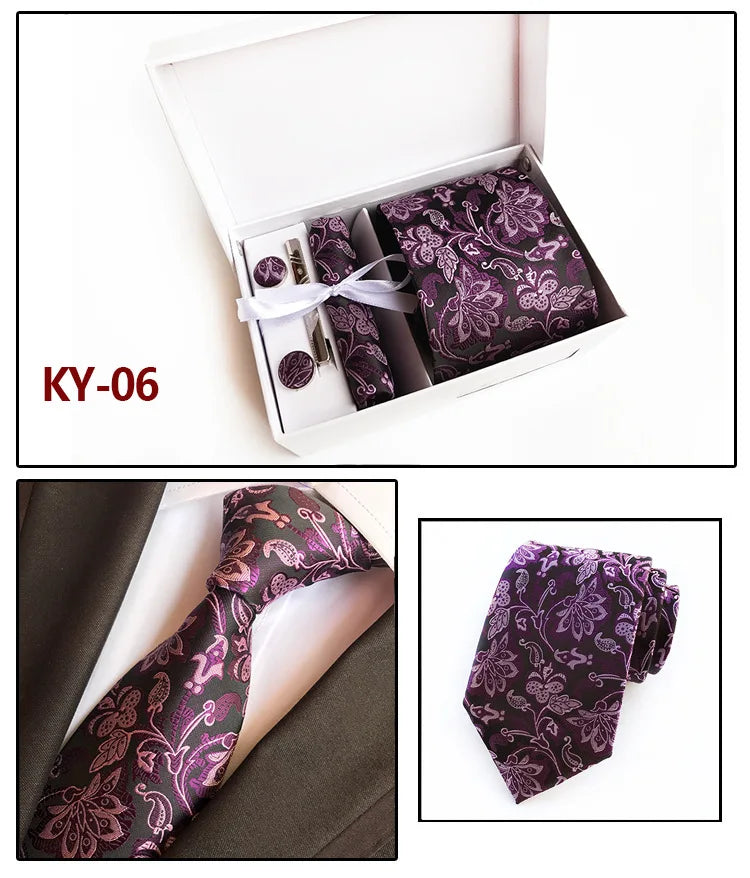 tie set for men gift box for men gravata luxury designer brand 8 cm Jacquard Necktie Pocket Square Clip cufflinks