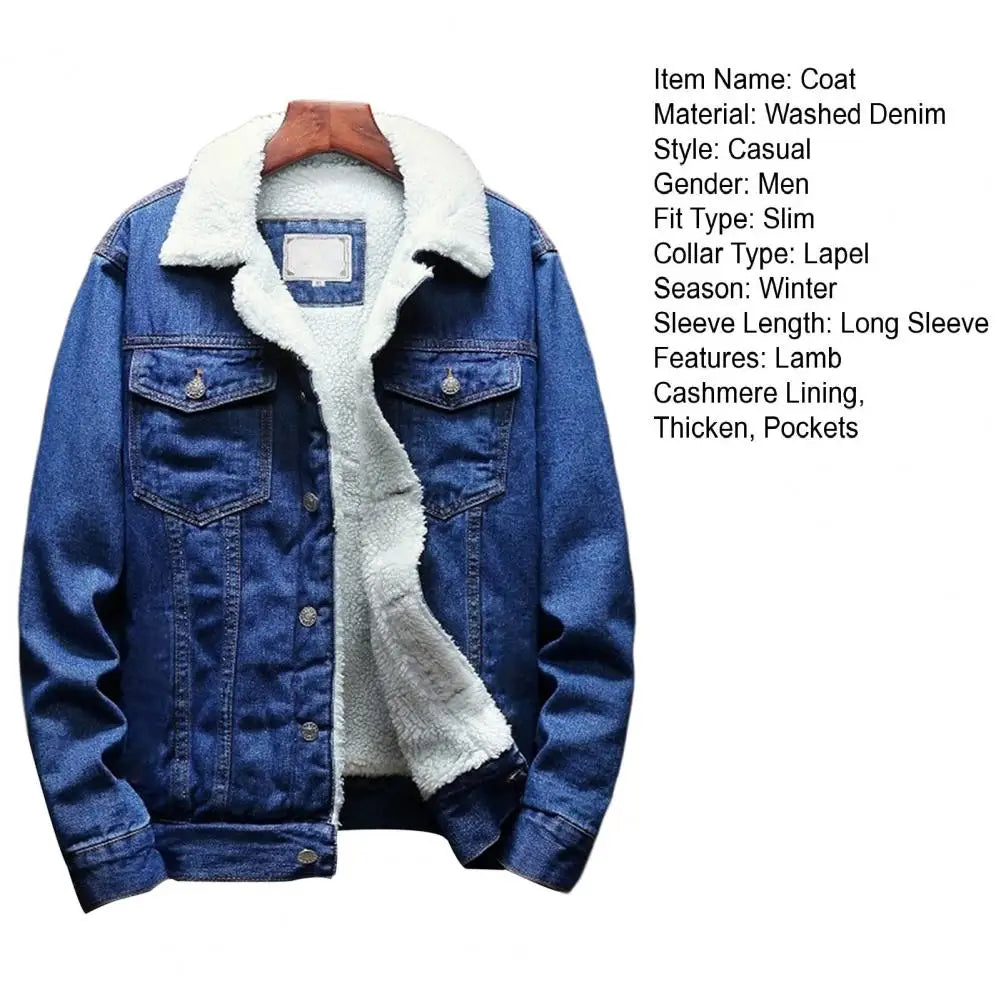 Men Jean Jacket Thicken Lamb Cashmere Lining Men Denim Coat Solid Color Coldproof Outerwear Winter Single Breasted Men Jean Coat