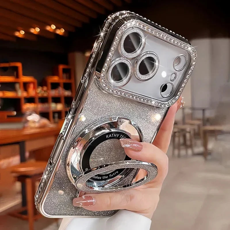 Plating transparent diamond glitter magnetic phone case for iPhone 17 16 13 14 15 Pro Max lens protection bracket back cover