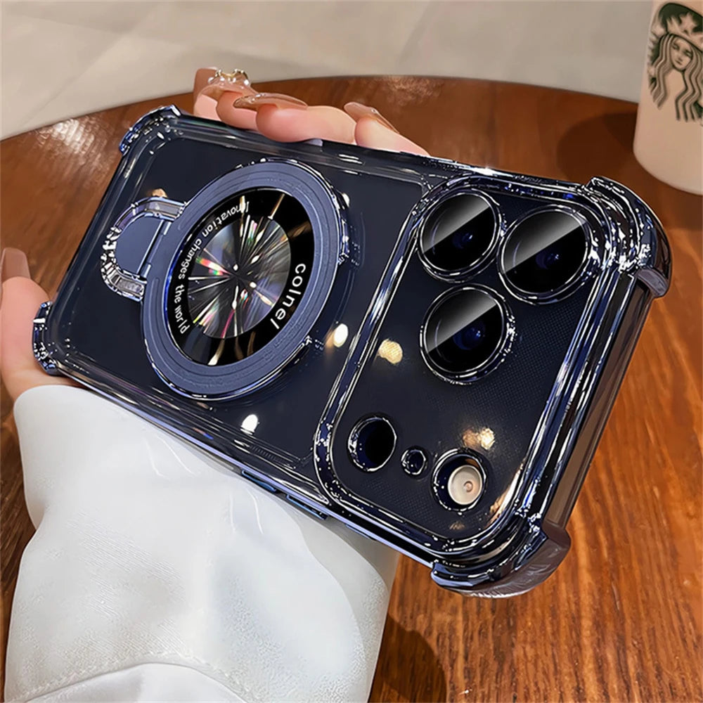 For Magsafe Bracket Clear Plating Phone Cases For iPhone 17 16 15 14 13 12 Pro Max Plus Air Magnetic Ring Stand Holder Cover