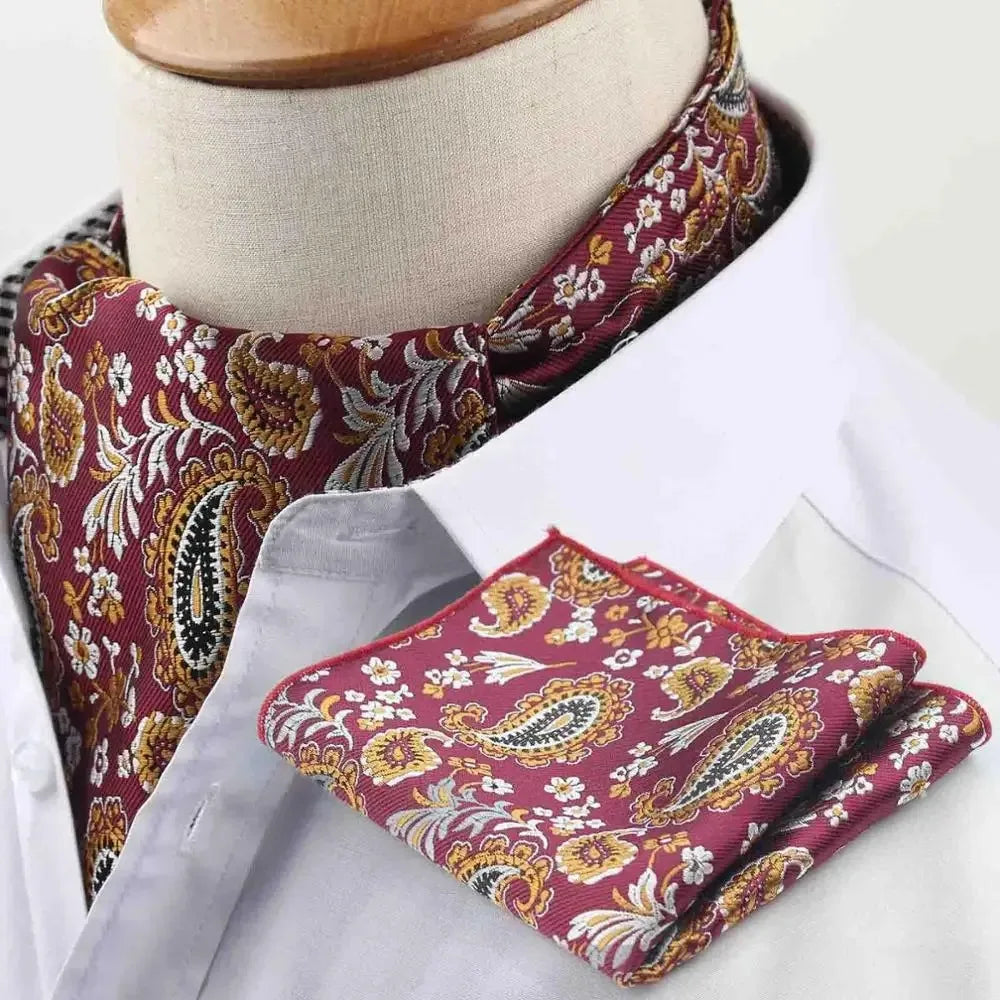 Polyester Cravat Pocket Square Set Formal Necktie Handkerchief Ascot Self Tie Polka Dot Paisley Design Gentleman Necktie Gifts