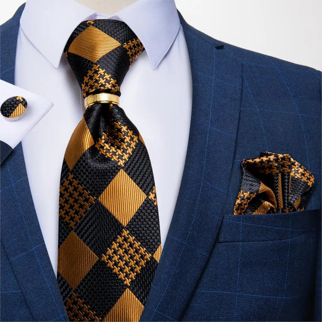 Men's Tie Handkerchief Cuffink Necktie Set Jacquard Woven Silk Blue Wedding Formal Business Party Necktie Ring Set DiBanGu