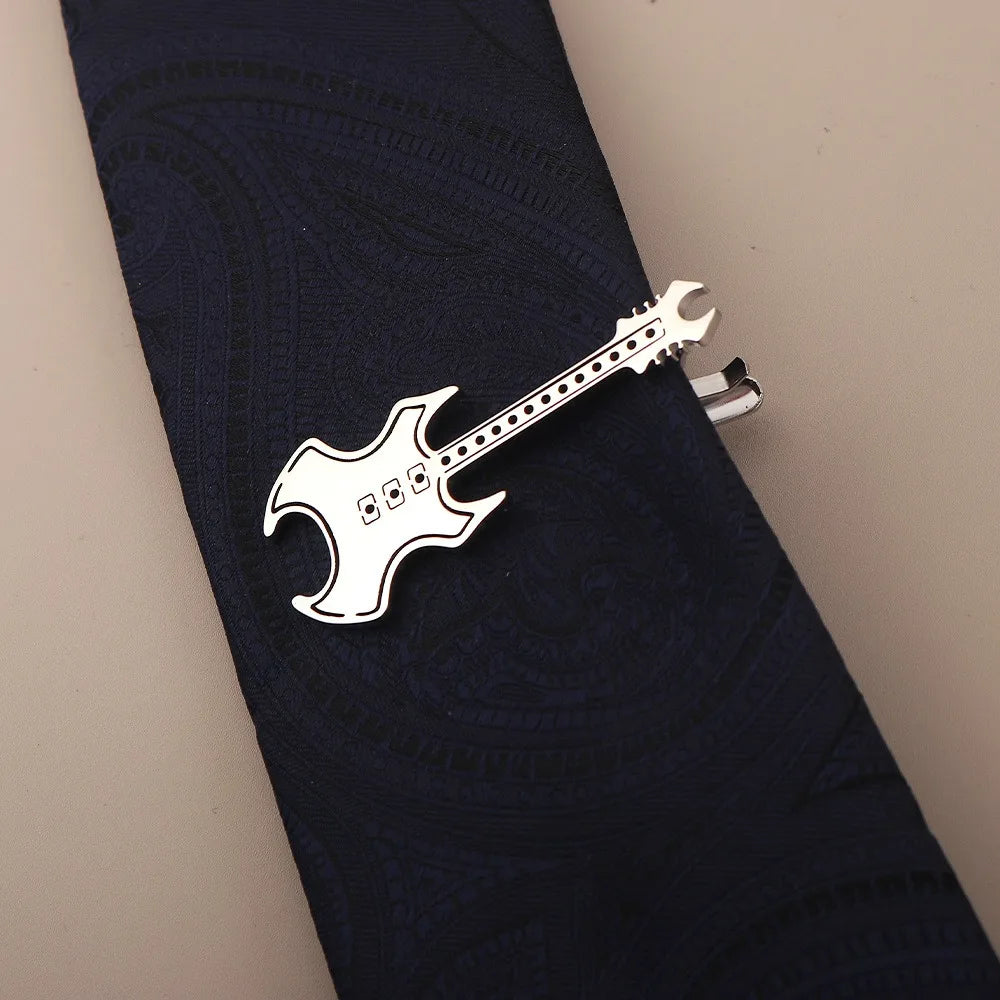 Treble Clef Guitar Tie Clip Titanium Steel Instrument Music Note Tie Pin Hip Hop Punk Piano Necktie Buckle Concert Accessories