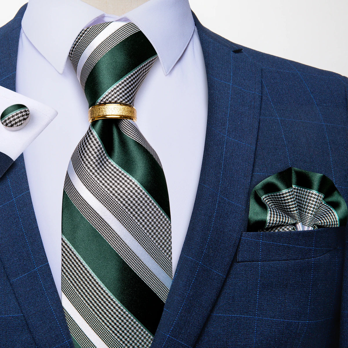 Men's Tie Handkerchief Cuffink Necktie Set Jacquard Woven Silk Blue Wedding Formal Business Party Necktie Ring Set DiBanGu