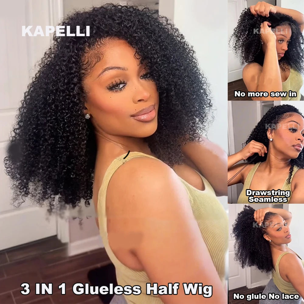 Kinky Curly Human Hair Wigs No Leave Out Glueless Wig Upgrade 3 IN 1 Half Wig With Drawstring Seamless Flip Over No Glue Clip In