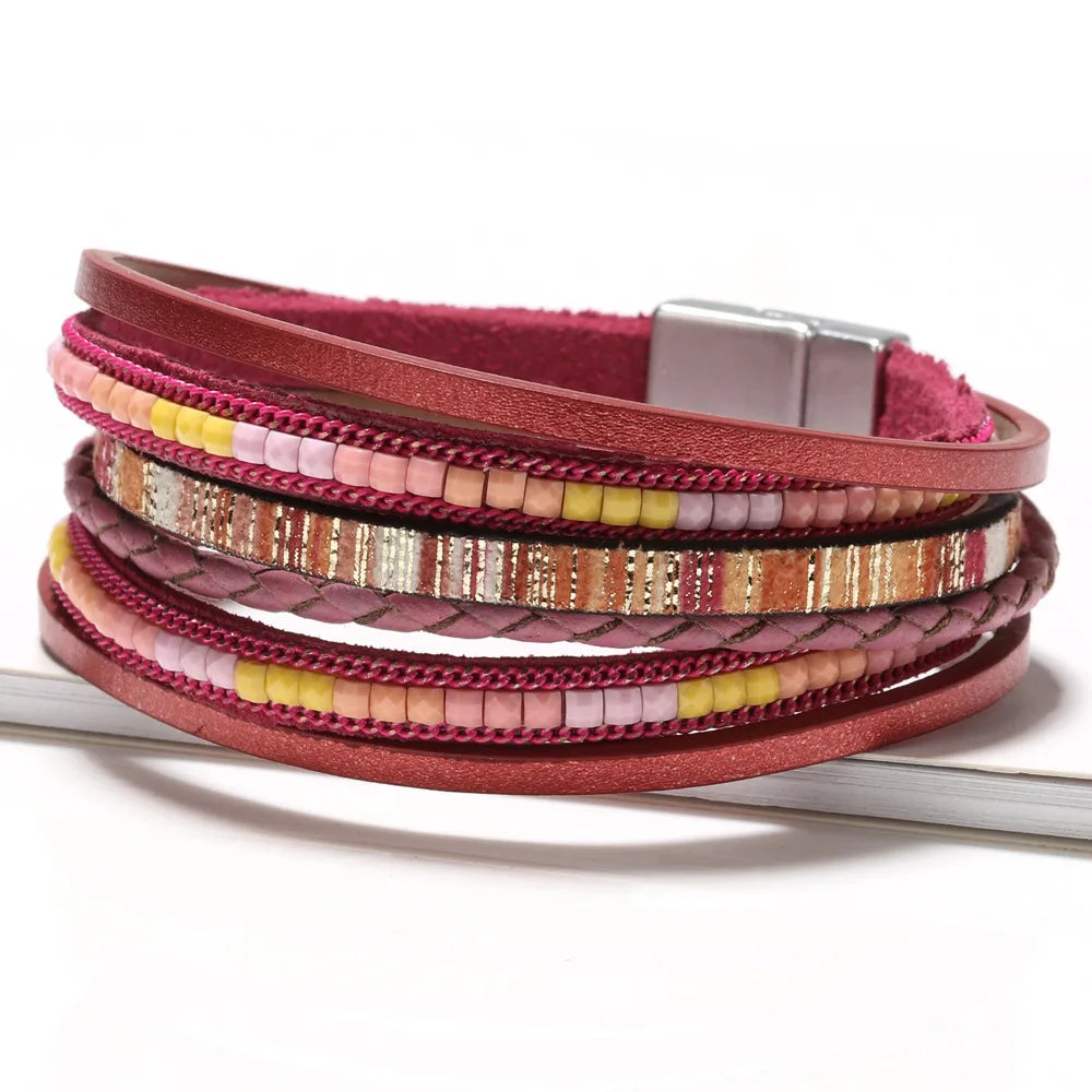 Bohemian Bracelet Hand-Woven Leather Bracelet Alloy Magnetic Clasp for Women Fashion Bracelet Women's Aesthetic Jewelry