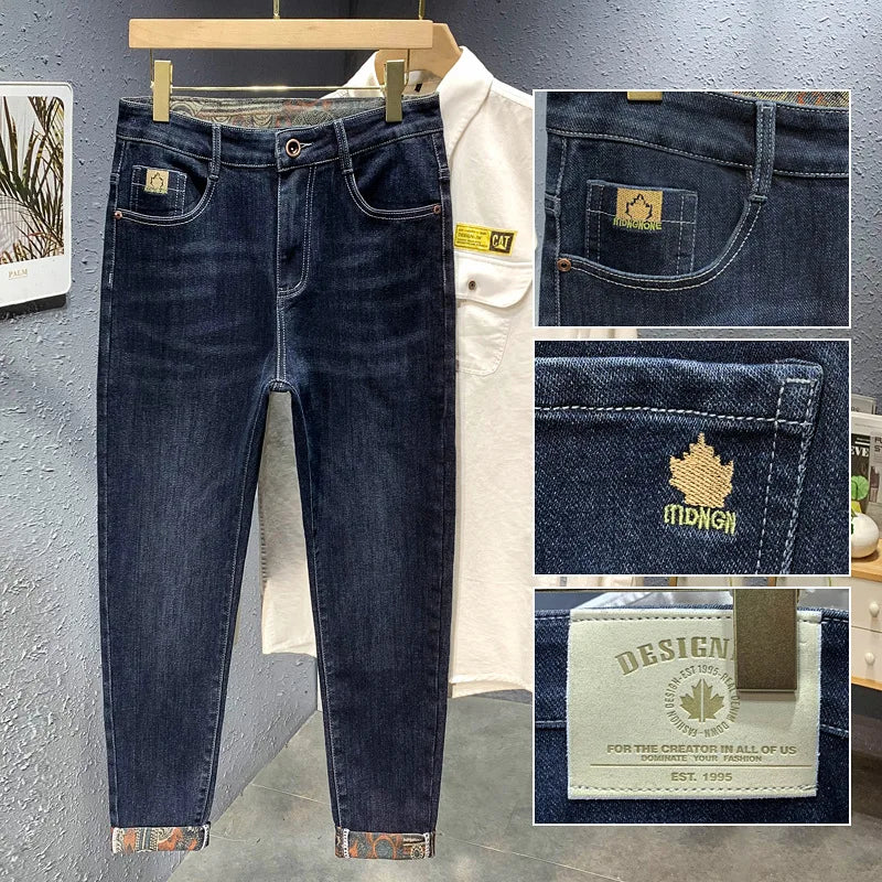 On The New Embroidered Jeans Men's Light Luxury Trend Senior Sense of All Straight Tube Lace-up Adult Gentleman Comfortable