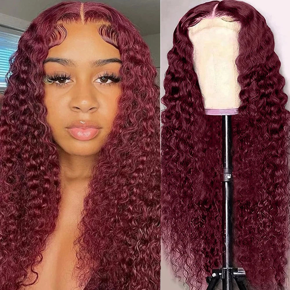 Burgundy Colored Human Hair Wig Deep Wave 13x4 Lace Frontal Wigs HD Transparent Lace Curly Hair Wig for Women