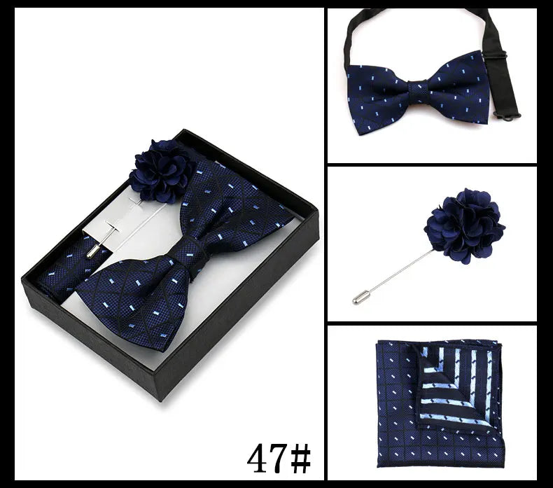 Classic High Quality Bow Tie Set Box Gift For Men Fashion Elegant Bowtie Handchief And Brooch Set Wedding Business Accessories