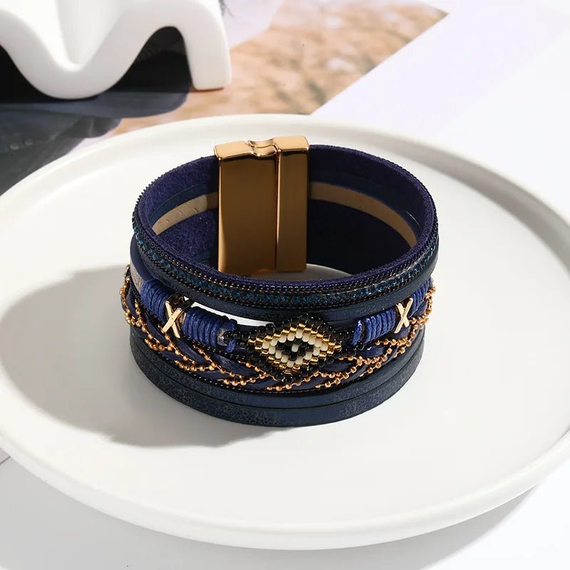 Multilayer Handwoven Leather Bracelet for Women Magnet Buckle Wide Bracelet Rice Bead Woven Devil's Eye Leather Bracelet Bangle