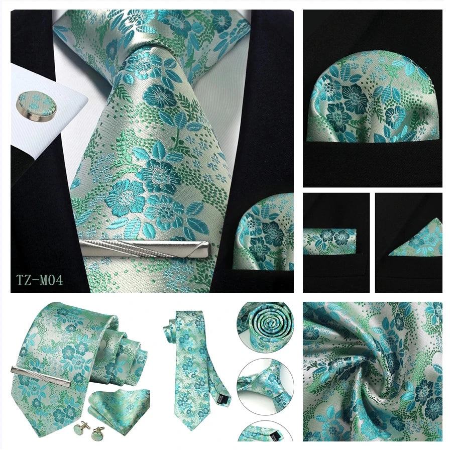 Mens Tie Set Silk Silver Paisley Floral Necktie and Pocket Square Cufflinks Tie Clip Classic Formal Ties for Men Wedding Party