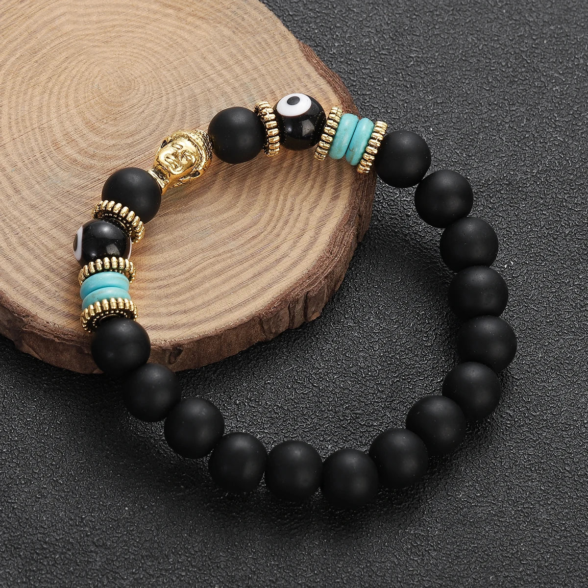 Classic Buddha&Evil Eye Bracelet Women Men 10mm Round Turquoises Blue Stone Bangles Handmade Elastic Yoga Bracelet