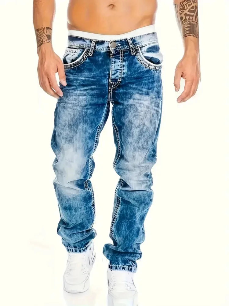European American Jeans Men's Autumn New Slim Elastic Trousers Fashionable Vintage Wash Denim Pants Male Streetwear