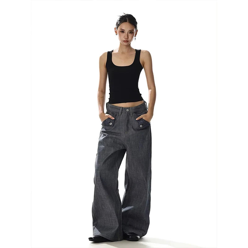 Summer Streetwear Vintage Loose Wide Leg Casual Pants Straight Cut Versatile Original Cow Denim Jeans Low Waist Embroidered