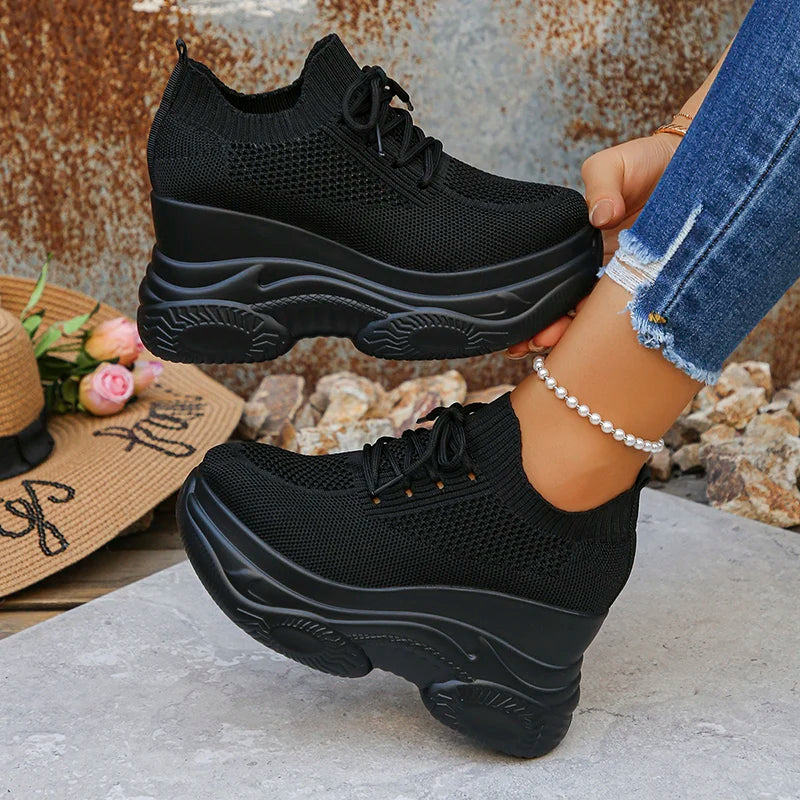 Women's Knitted White Wedge Sneakers 2026 Spring Breathable Mesh Chunky Platform Sneakers Woman Plus Size 42 Lace Up Sport Shoes
