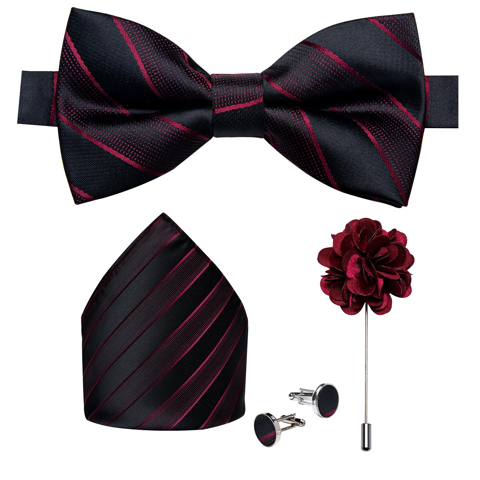 Wedding Bow Tie for Men Classic Red Pre-tied Bowtie Cufflinks Corsage Set for Party Butterfly Knot Gift Man Accessories