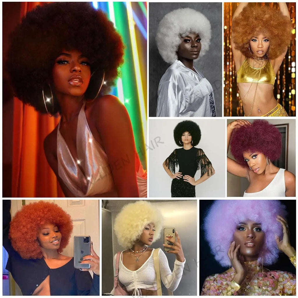 Synthetic Hair Afro Kinky Curly Blonde Wig For Women Mix Brown 70s Machine Made Huge With Bangs Short Bouncy For Daily Party Use