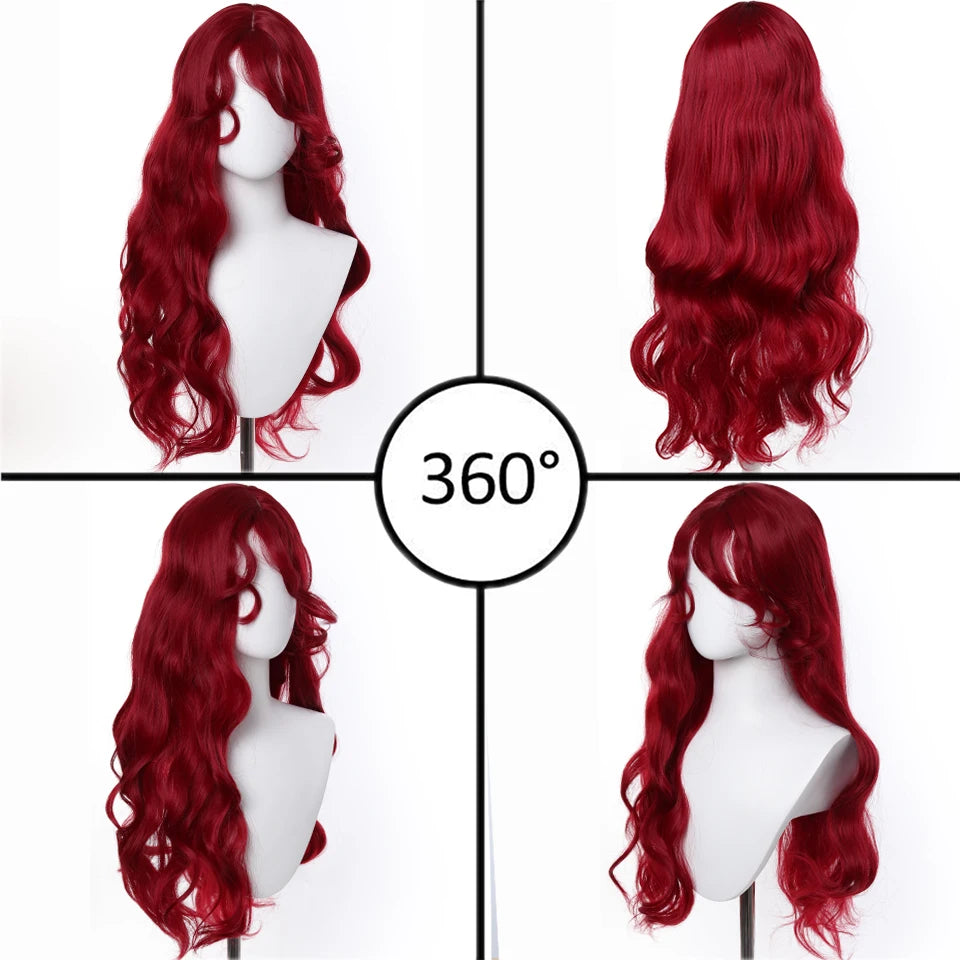 Long Straight Wavy Wine Red Wig With Bang Synthetic Wigs for Women Heat Resistant Natural Hair for Daily Halloween Cosplay Party