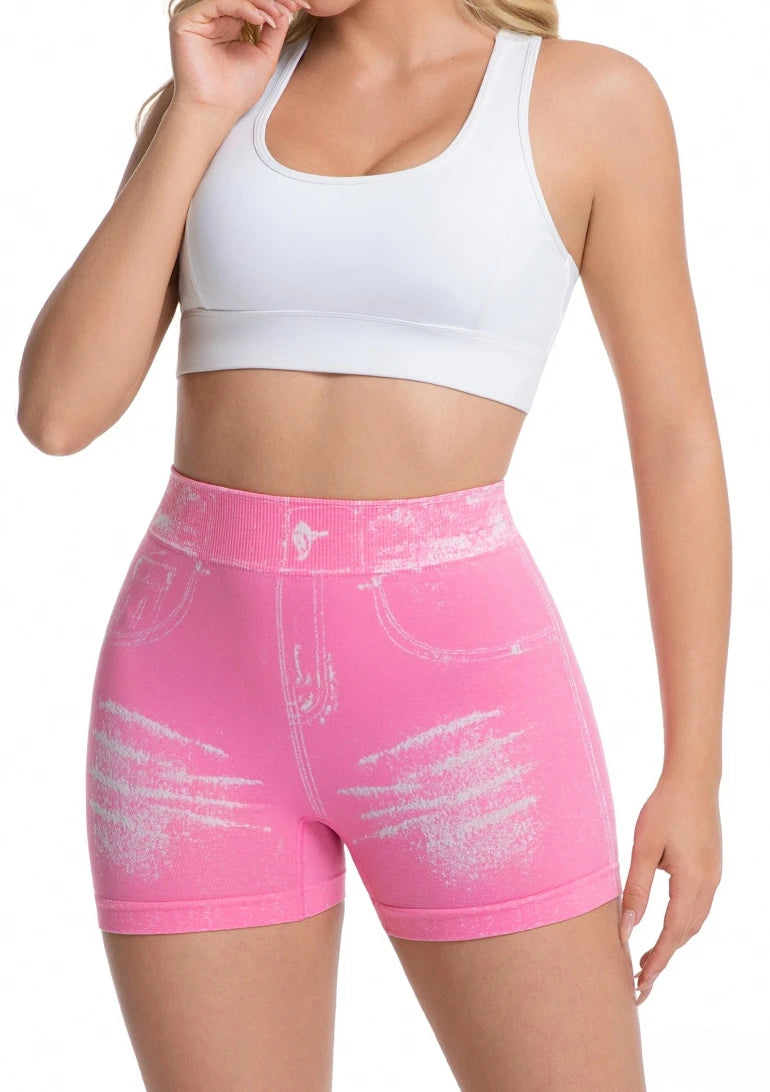 Jeans-like seamless yoga shorts with a V-shaped back, designed to enhance the posterior and provide quick-drying, form-fitting r