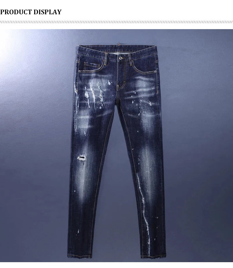 Fashionable men's deep blue jeans with scratches, washed water, nostalgic stretch, slim fit, painted jeans, designer high street