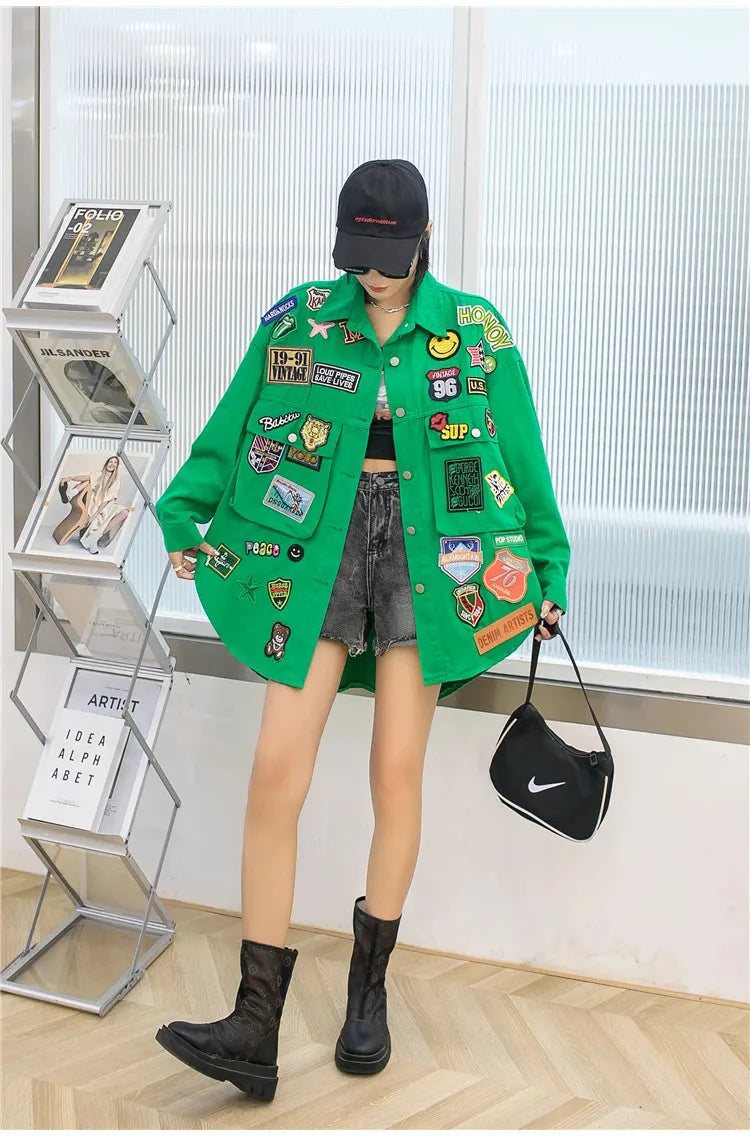 Fashion Embroidery Patches Denim Jacket Coat Women Harajuku Streetwear Hip Hop Trend Loose Jean Jackets Outerwear
