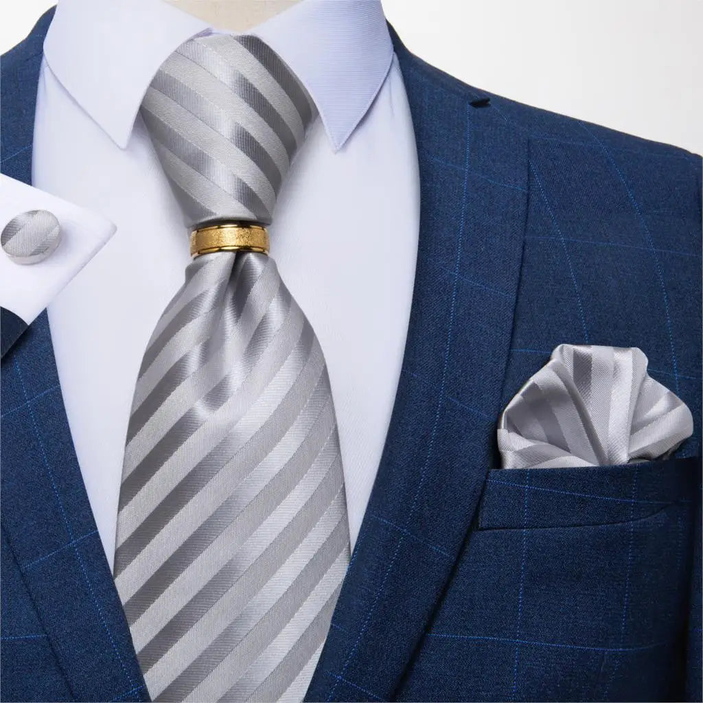 Men's Tie Handkerchief Cuffink Necktie Set Jacquard Woven Silk Blue Wedding Formal Business Party Necktie Ring Set DiBanGu