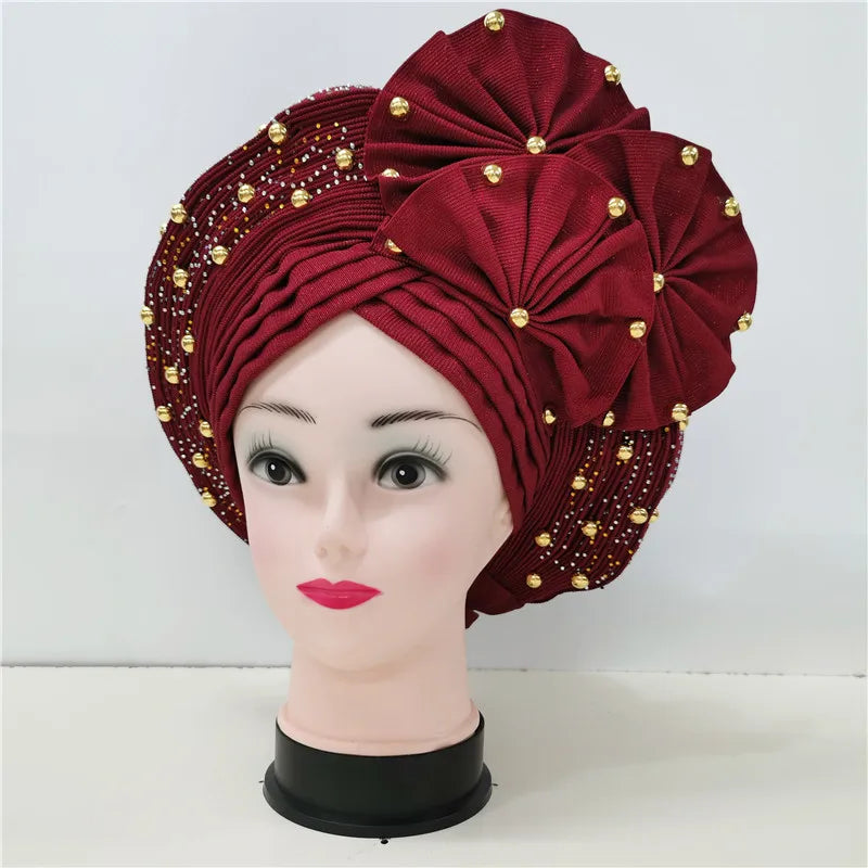 High Quality African Nigeria Gele Elegant Helmet With Stones Headband Turban Head Scarf Head-Hat Auto Gele Brand New Hats 7L1181